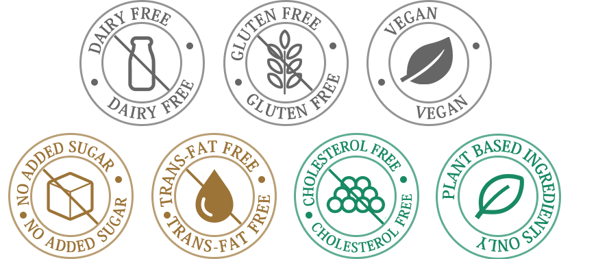 DAIRY FREE GLUTEN FREE VEGAN NO ADDED SUGARTRANS-FAT FREE CHOLESTEROL FREE PLANT BASED INGREDIENTS ONLY